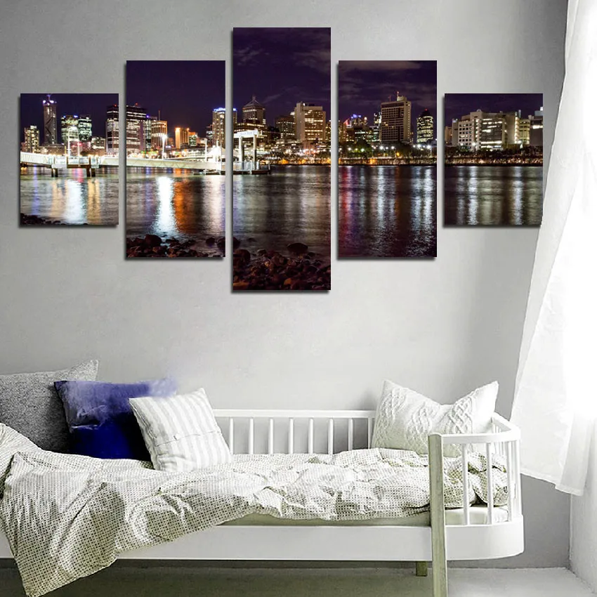 

City Lighting Building Wall Painting Beautiful Night Scenery Photography Modern Frameless Canvas Printing 5Pcs Decorative Poster