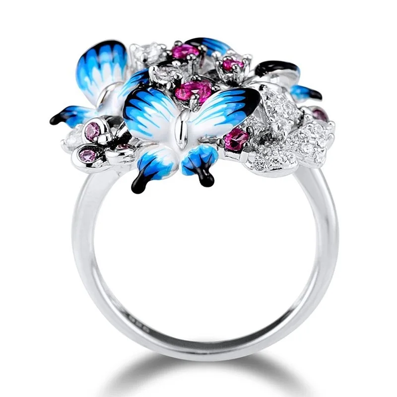 OMHXZJ,, JE46, Модный женский подарок на вечеринку, день рождения, свадьбу, 925 пробы бабочка, серебряное ожерелье+ серьги+ кольцо, ювелирный набор - Цвет камня: ring size 7
