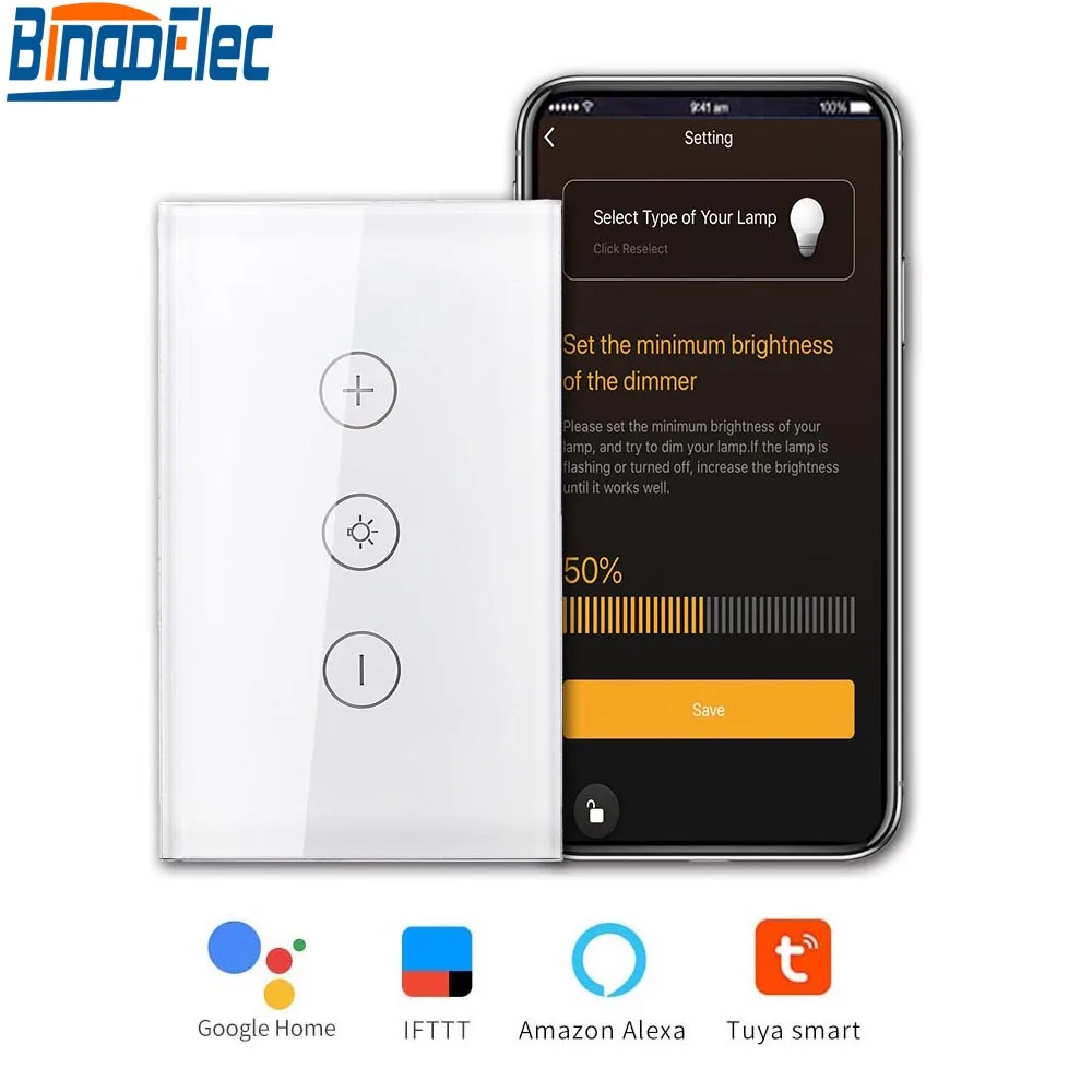 Bingoelec US Standard WIFI Smart Life Wall Dimmer Switch Glass Panel