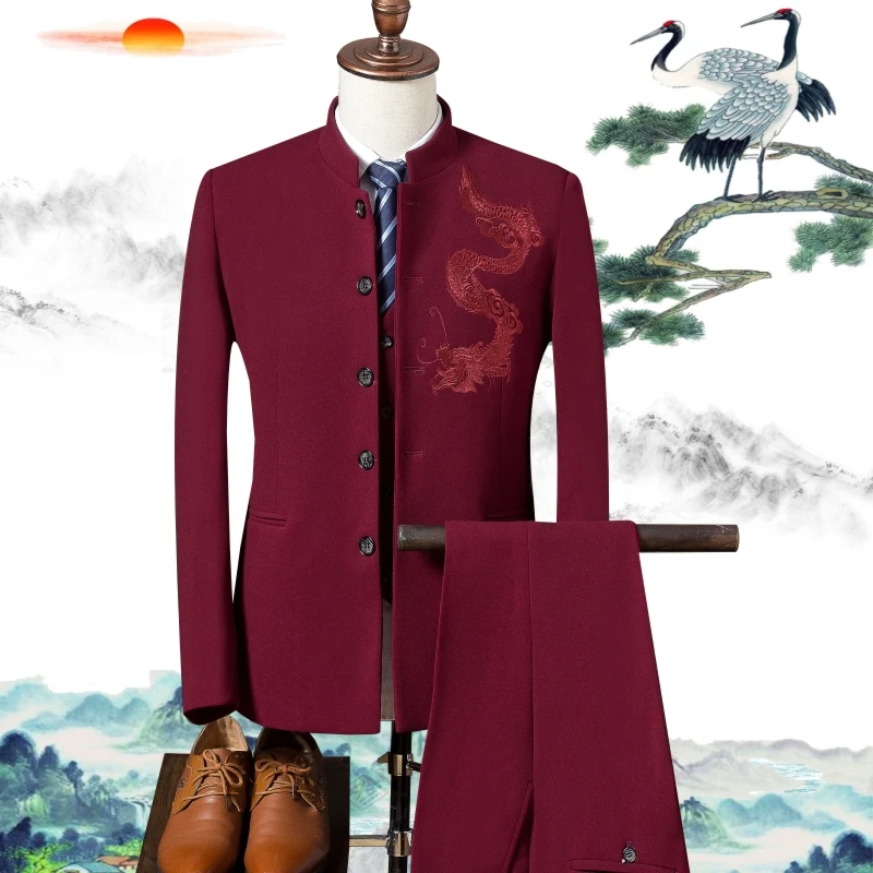 Куртка+ жилет+ брюки) осенний костюм в китайском стиле мужской костюм из трех предметов Вышитый свадебный костюм/Мужские костюмы со штанами