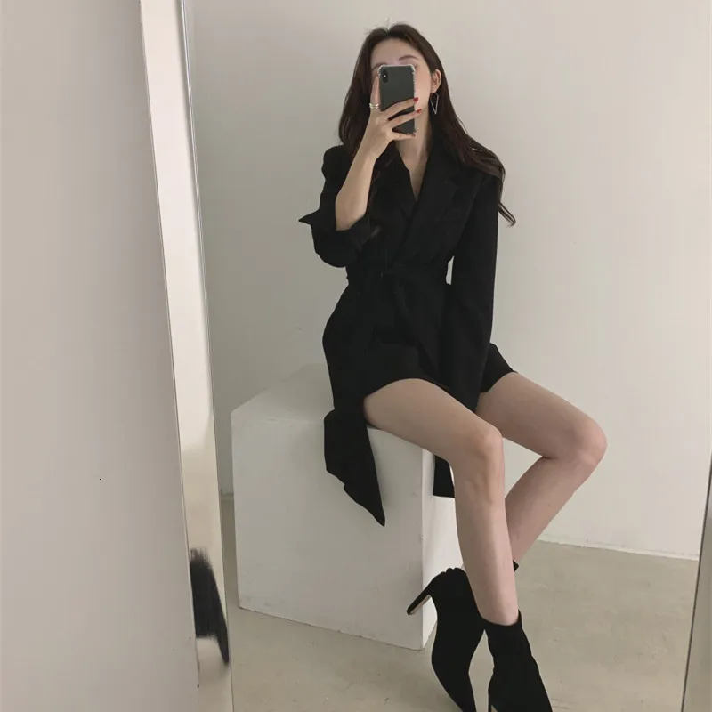 Women Solid Turn-Down Collar Belt Suit Coat Vintage Bandage High Waist Long Blazer Casual Black White Blazers
