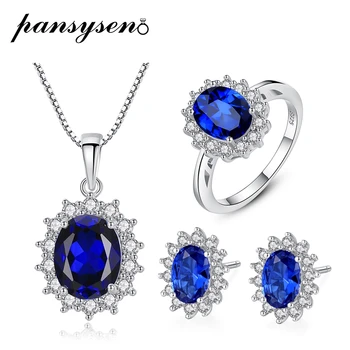 

PANSYSEN Sapphire Gemstone Necklace/Earrings/Ring Set Pure 925 Sterling Silver Wedding Engagement Fine Jewelry Sets Wholesale