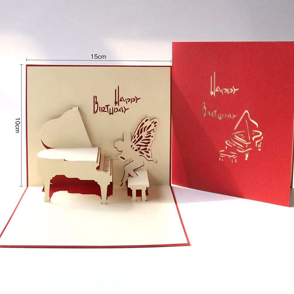 

2pcs Red 3D Up Greeting Card Music Piano Pattern Paper Carving Greeting Card Romantic Christmas Birthday Aniversary Cards