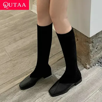 

QUTAA 2021 Patchwork PU Flock Knee High Boots Autumn Winter Square Toe Women Shoes Square Heel Zipper Long Boots Big Size 34-43