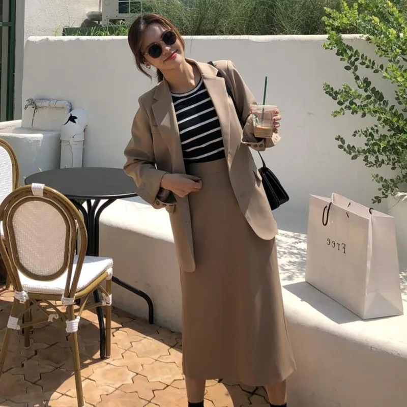 

Photo Shoot Korean-Style INS Elegant Ol Khaki Able Single Breasted Loose-Fit Small Suit A- line Longuette WOMEN'S Suit