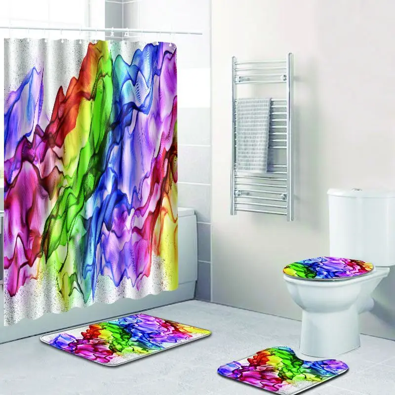 

4pcs/set Colorful Painting Print Bathroom Shower Curtain Polyester Waterproof Toilet Seat Cover Anti-slip Bath Mat Home Decor