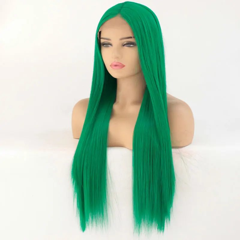 Темно-зеленый шелковистый прямой синтетический парик на кружеве, средний пробор, бесклеевые термостойкие волосы из волокна для женщин, девочек, Косплей парики
