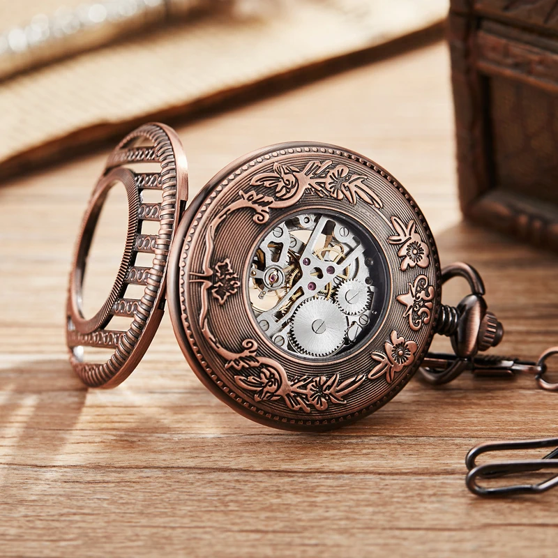 Antique Stripe Mechanical Vintage Hollow Skeleton Pocket Watch Round Dial Antique Pendant Clock Retro Gifts Men Women