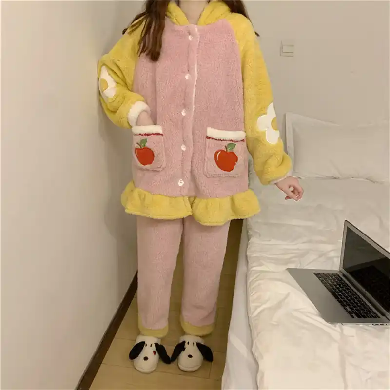 冬サンゴセットフード付きパジャマセット女性厚く暖かい二枚スーツレディース長袖かわいいアップルの印刷ポケットl119 パジャマセット Aliexpress