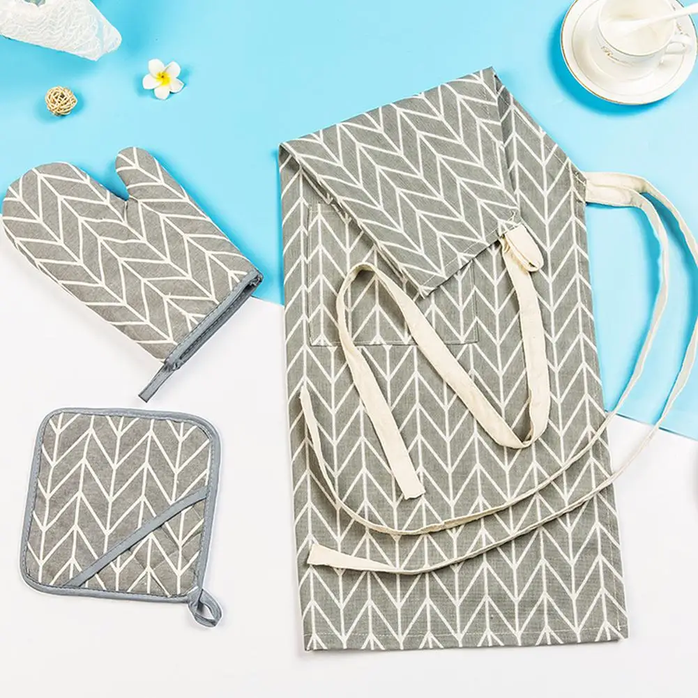 

DSstyles 3Pcs/Set Thermal Insulation Geometric Printing Linen Cotton Apron Gloves Set Microwave Gloves Baking Tool Sets