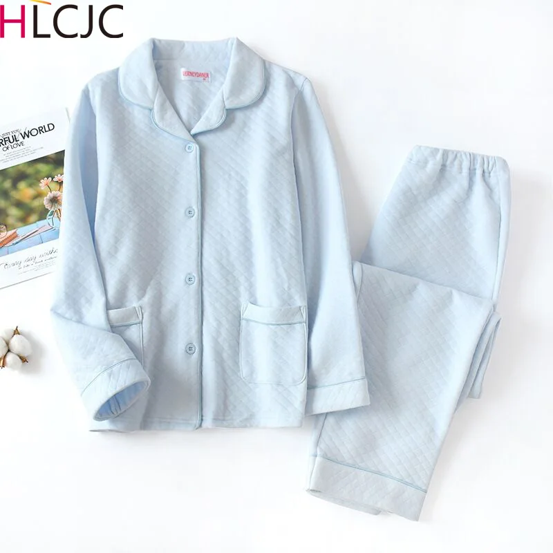 

New 2019 Winter Women's pajamas Solid Thick Air Layer 2 Pieces Set Long Sleeve Top + Pants Elastic Waist Bordered Pyjamas Household Clothing