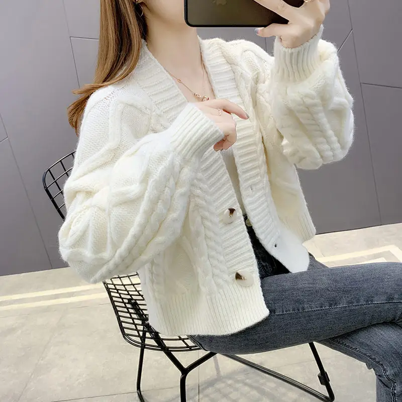 

Весенний женский свитер, короткое пальто, новинка 2021, Женский Повседневный вязаный кардиган с V-образным вырезом и длинным рукавом, осенняя куртка y1593