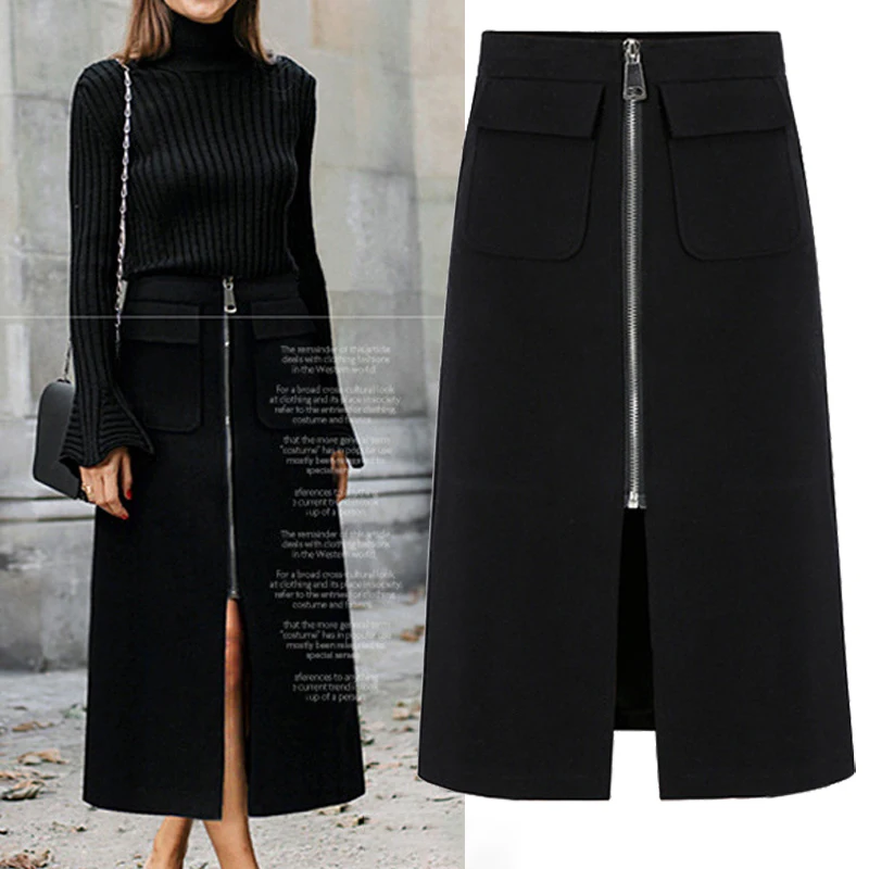 New Women Autumn Winter Skirts Office Midi Women's Pencil Skirt with Zip Long Black Skirt High Waist Large Size 4XL 5XL
