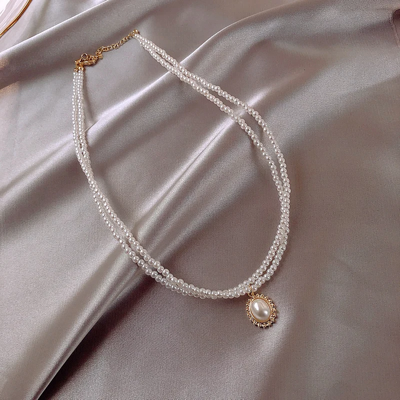 Korean new design fashion jewelry double elegant and elegant white pearl water drop pendant female prom party clavicle necklace