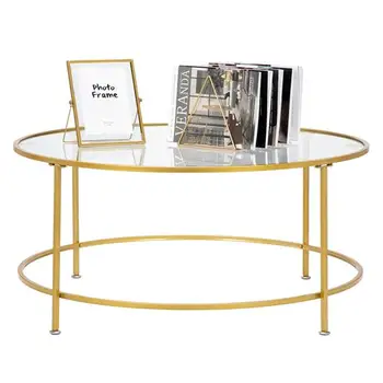 

Golden/Black Colors HODELY 36" Golden 2 Layers 5mm Thick Tempered Glass Countertop Round Wrought Iron Coffee Table