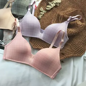 

New Plaid Thin Bra Women's Underwear Gathered Seamless Solid Bra Thin