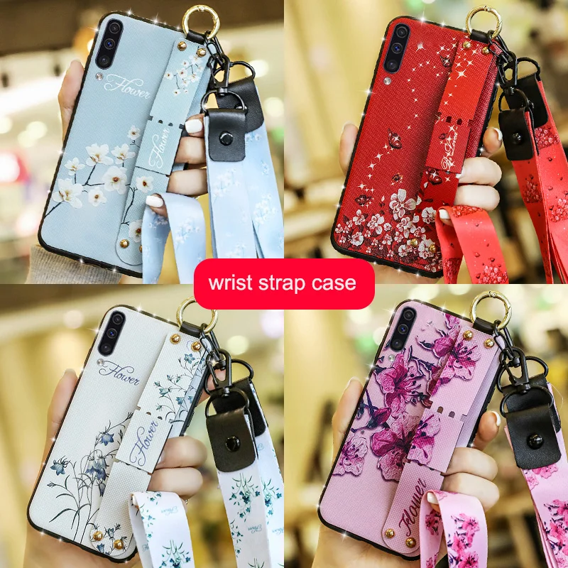 

Wrist strap case for Samsung galaxy A50 A40 A30 A20 A70 A10 M10 M20 M30 A6 A8 Plus A9 A7 2018 A750 A9S Diamond Flower Cover