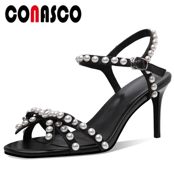 

CONASCO Elegant New Women Sandals High Heels Pearls Butterfly-Knot Pumps Genuine Leather Shoes Woman Wedding Party Basic Sandals
