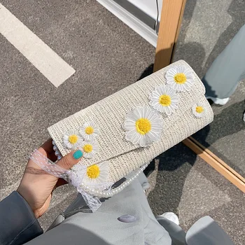 

Fashion Summer Flower Straw Flap Bags For Women 2020 Pearl Chain Shoulder Bag Female Designer Ladies Handbags Sac A Main Femme