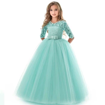 

New Princess Lace Dress Kids Flower Embroidery Dress For Girls Vintage Children Dresses For Wedding Party Formal Ball Gown 14T