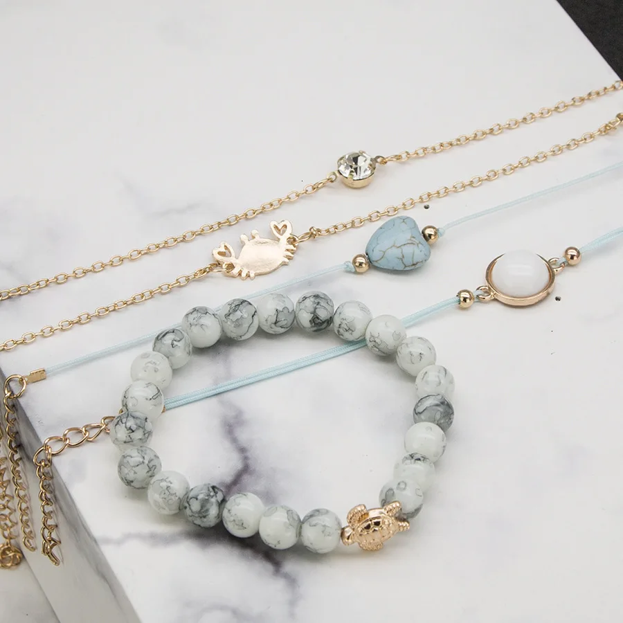 Модные браслеты из бисера с натуральным камнем, набор из 5 предметов, очаровательные браслеты и браслеты в форме сердца краба и черепахи для женщин, винтажные аксессуары