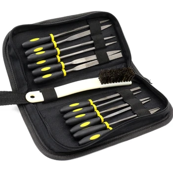 

Wood Rasp File Kit - 12 Assorted Small Metal Needle Files Set with Bristle Brush Box and Hand Strap Carrying Case