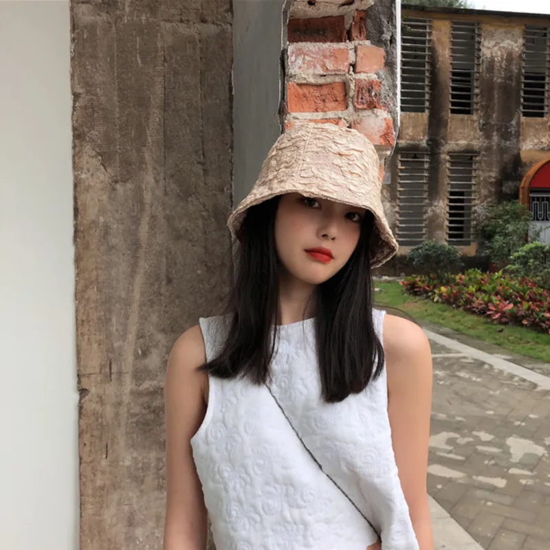 [EAM] White Solid Pleated Stylish Women Fishermen Hat New Flat Dome Temperament Fashion Tide All-match Spring Autumn 2020 1U440