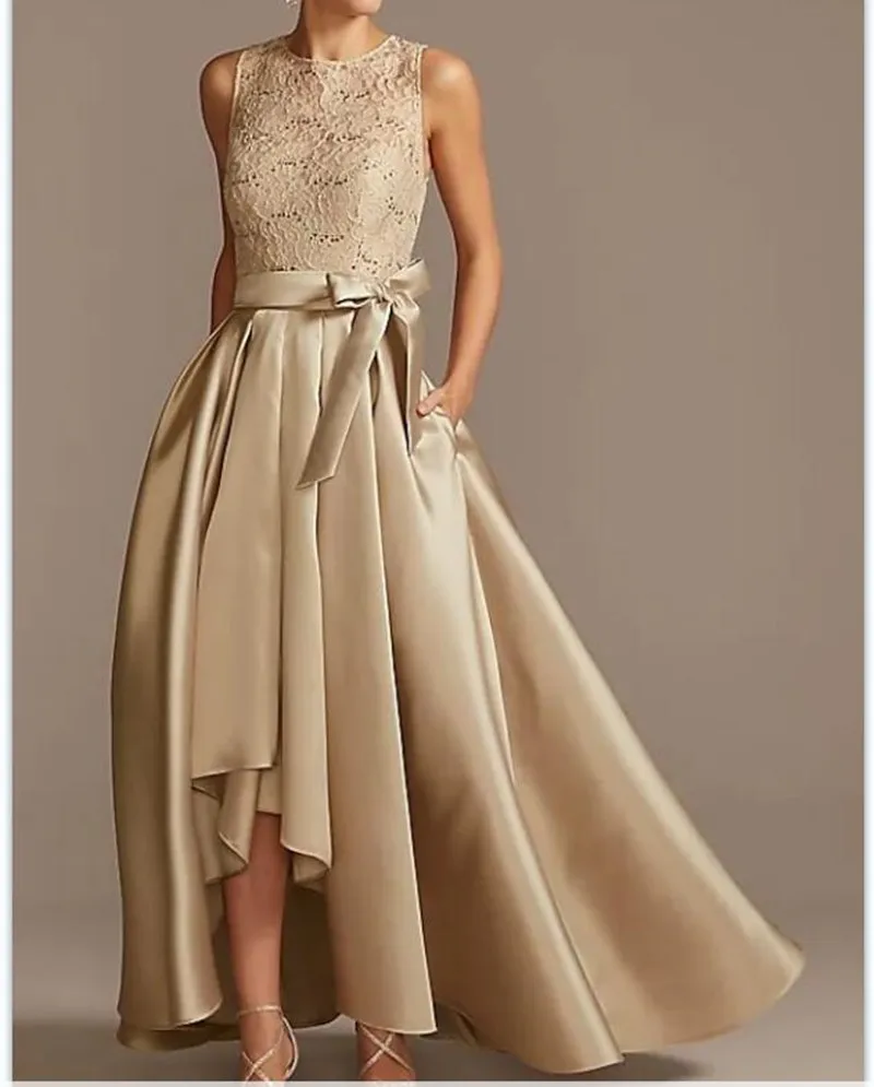『Cheap!!!』- Champagne Sleevelees Mother's Dress Asymmetrical Party
dresses for weddings Jewel Satin Lace Mother Of The Groom Dresses