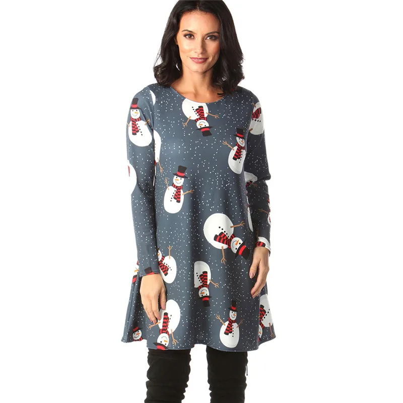 Women Christmas Dress Fashion Long Sleeve O-Neck Print Autumn Winter Dress New Plus Size Slim Casual Vestidos A-Line Robe Femme