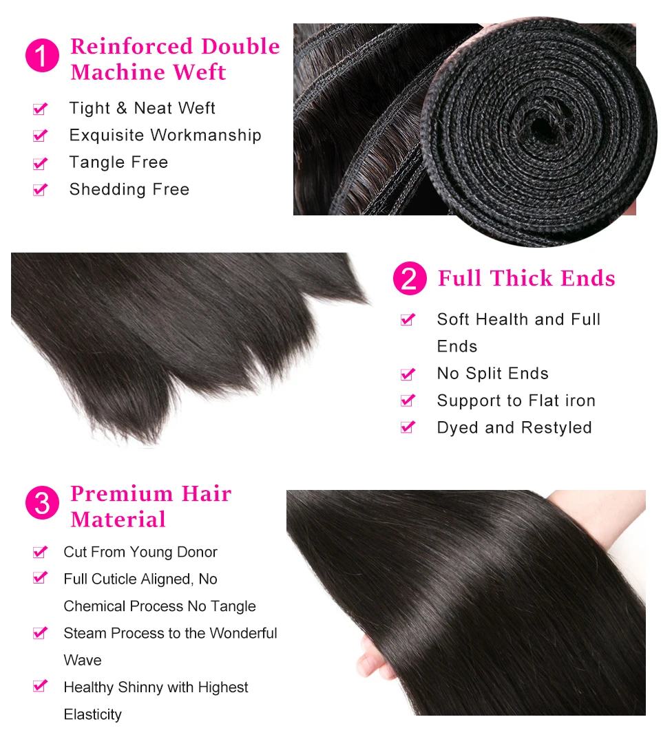 Beaufox Straight Hair Bundles Peruvian Hair 4 Bundles 100% Remy Human Natural/Jet Black Human Extension 8-30"