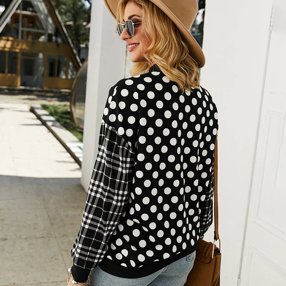 Black Women hoodies tops Polka Dot Plaid Long Sleeve Pullover Tops Splicing Casual Warm autumn lady loose fashion sweatshirt