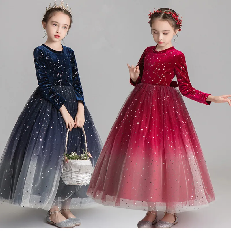 Кружевное платье с блестками для девочек вечерние платья принцессы с длинными рукавами для девочек; Платья с цветочным узором для девочек на свадьбу; вечернее платье для первого причастия