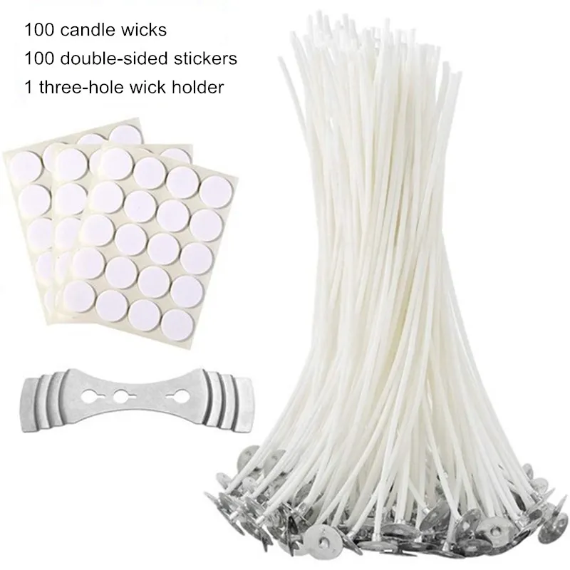 Candle Wicks 100 Pcs 6 inch with 30Pcs Candle Wick Stickers and 10