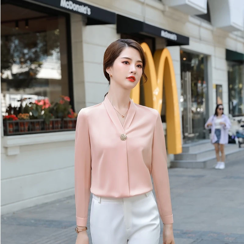 erección salario Inclinado Blusa rosa elegante de manga larga con cuello en V para mujer, camisa de  trabajo de alta calidad, color rosa, para negocios|Blusas y camisas| -  AliExpress