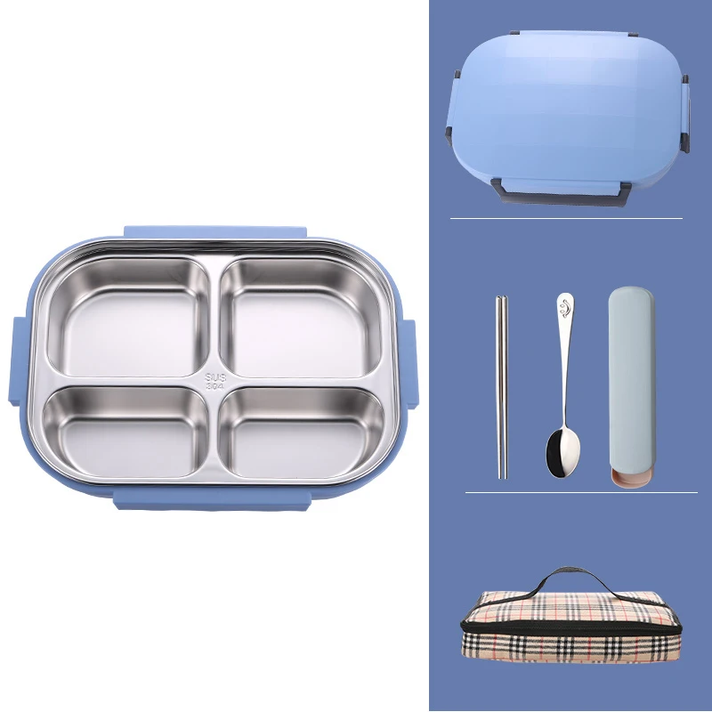 Blue-4-bag Ланч-бокс из микрофибры, термос из нержавеющей стали, Bento box, термо-Ланч-бокс для взрослых, контейнер для еды из нержавеющей стали, Ланч-бокс - Цвет: Blue-4-bag