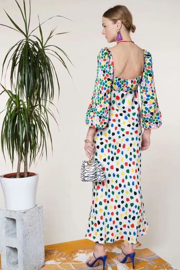 Vintage colorful dot print autumn summer dress women square neck slim waist satin party dress robe femme dropshipping