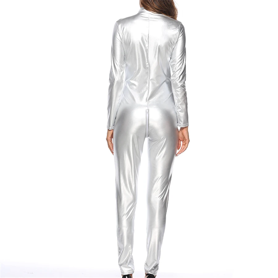 Women Jumpsuit Wet-look Zipper Patent Leather Sexy Pink Jumpsuit Female Uniform Bodysuit