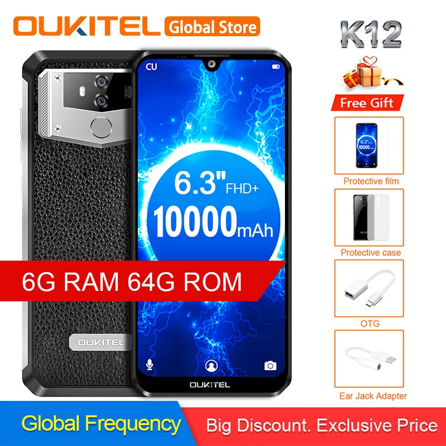 Liquidación OUKITEL K12 de agua 6,3 "FHD + Android 9,0*1080*2340 16MP Smartphone 6GB 64GB identificación facial 10000mAh 5V/6A OTG NFC teléfono móvil 8bWZwdnmJ7X