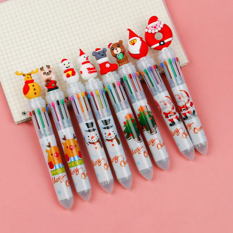 Christmas Tree Cartoon Head Santa Claus Elk Multi-color 12 PCS Push Creative Pen 6-color Push Christmas Ball Pen 1pc kawaii christmas ballpoint pen 10 colors push ball point pen santa claus gift school office stationery random color