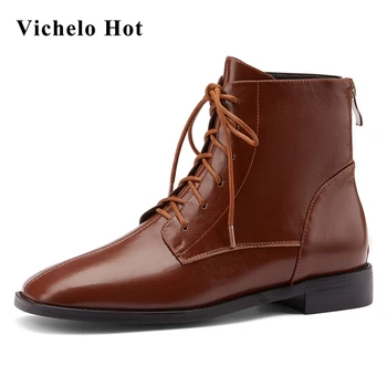 

Vichelo Hot British style vintage large size natural leather square toe low heel cross-tied bowtie young lady ankle boots L9f1