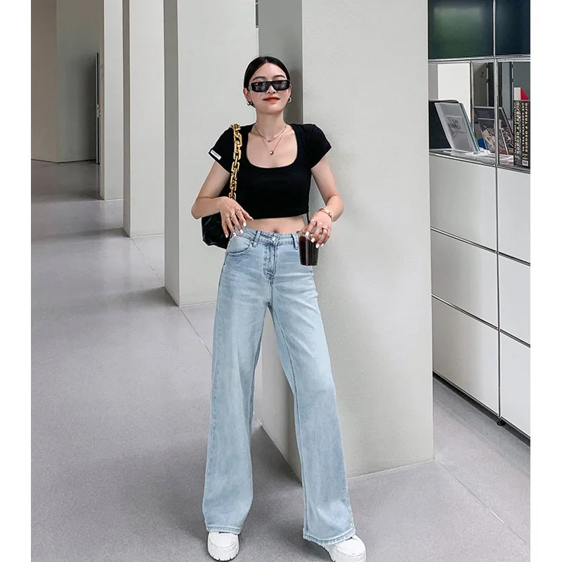 Women White Casual Jeans Korean Style All-match Loose High Waist Female Wide Leg Denim Pants