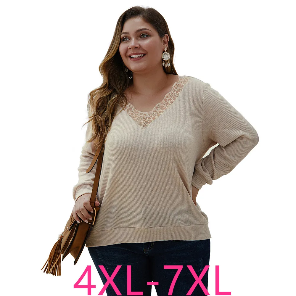 

2019 autumn winter plus size tops for women knit shirt lace long sleeve loose sweater V neck pullover apricot 4XL 5XL 6XL 7XL
