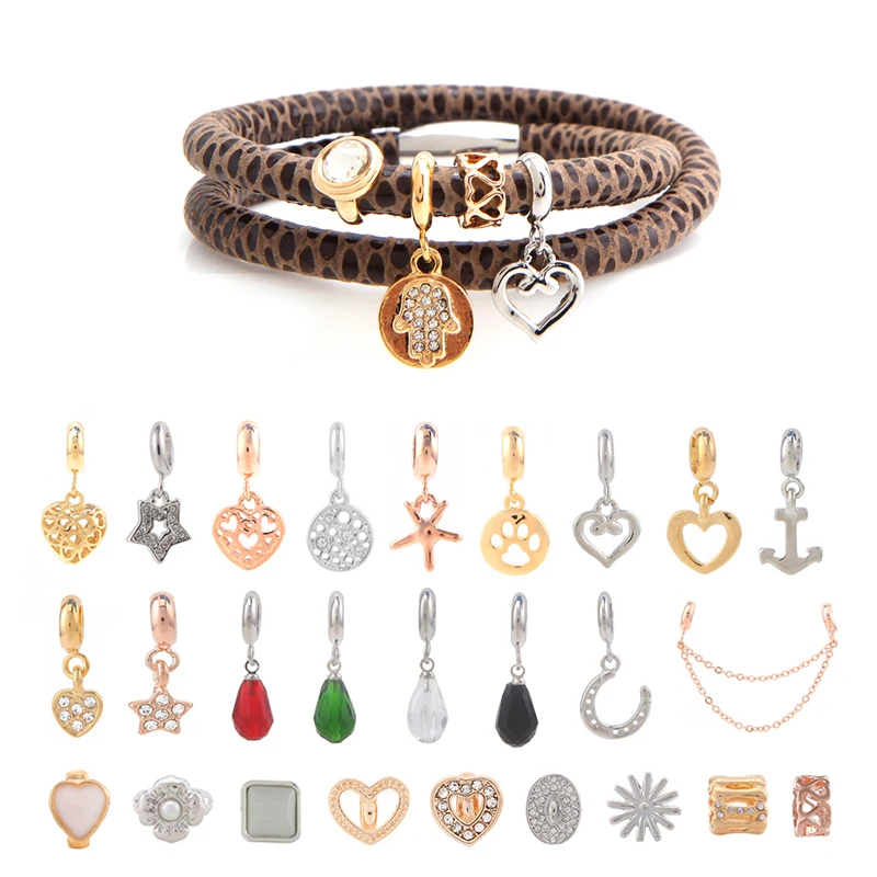 40 см кофейная змеиная зернистая натуральная кожа браслет двойной слой браслет набор с 4 шт случайный стиль DIY Подвески