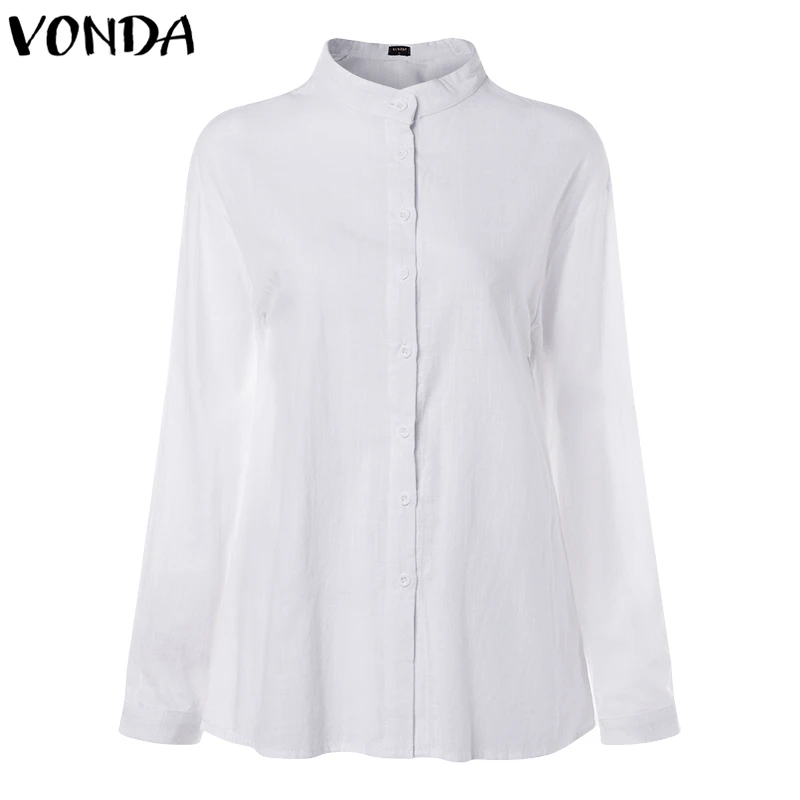 VONDA новые женские блузки летние офисные женские белые рубашки с рукавами-фонариками и пуговицами глубокий v-образный вырез белая блузка сексуальные топы размера плюс - Цвет: White