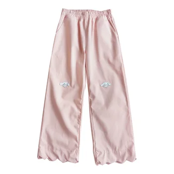 

Pink Women Wide Leg Pants Cartoon Appliques Pockets Ankle Length Pants 2020 Korean Style Elastic Waist Female Summer Trousers
