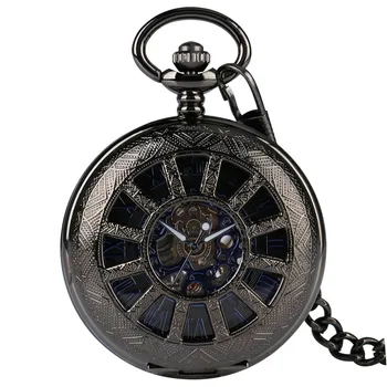 

Vintage Hollow Wheel Exquisite Mechanical Hand Winding Pocket Watch Retro Black Pocket Chain Antique Collection Watch
