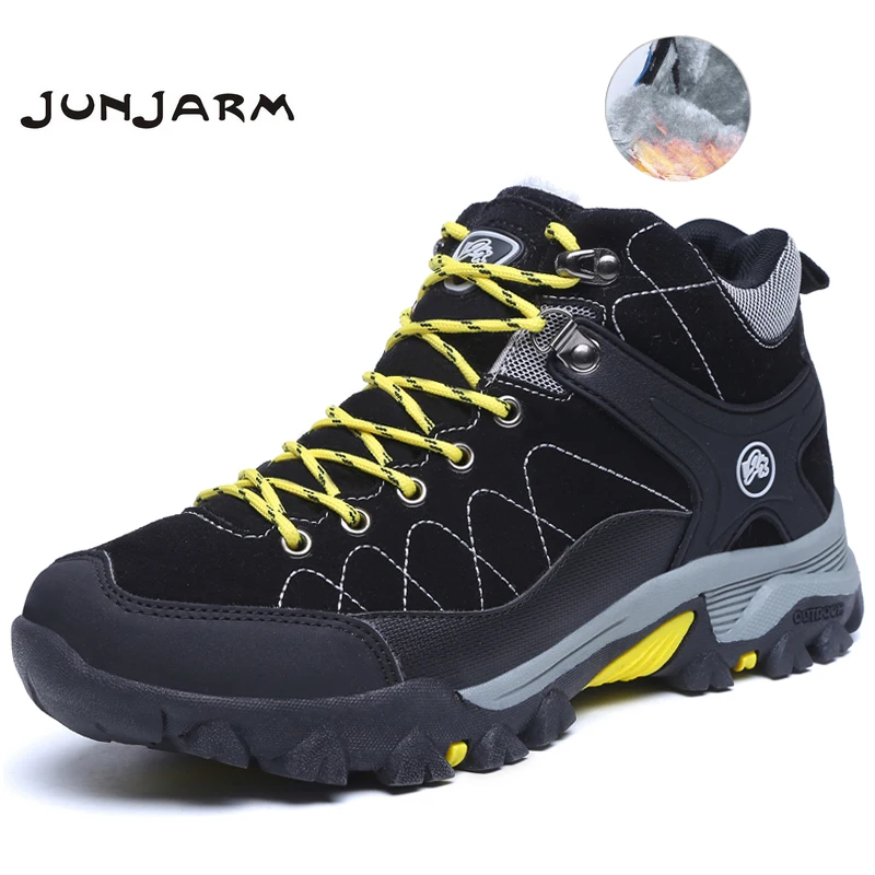 

JUNJARM New Men Boots Winter With Fur 2019 Warm Snow Boots Men Winter Boots Work Shoes Men Footwear Fashion Rubber Ankle Shoes