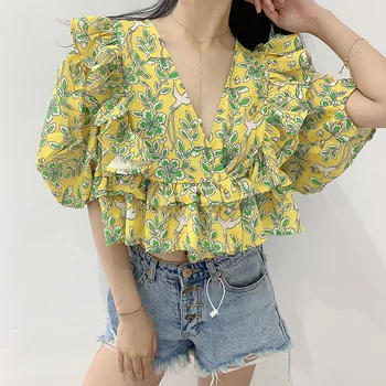 

Ruffles V-neck Women Floral Blouse 2020 New Prairie Chic Puff Sleeve Lady Loose Spring Summer Shirt And Top