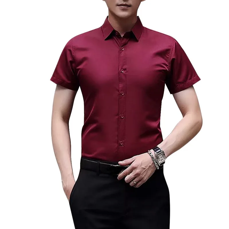 red short Новая повседневная однотонная мужская рубашка с длинным рукавом, тонкая версия, мужская деловая рубашка, брендовая мужская одежда с пуговицами - Цвет: red short