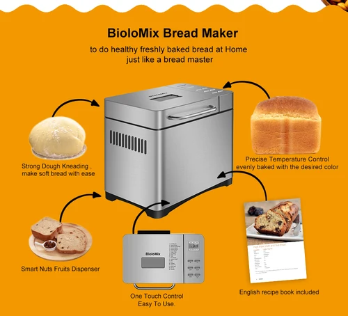 Biolomix-스테인레스 스틸 1KG 19-in-1 자동 빵 제조기, 650W 프로그래밍 가능한 빵 기계, 3 개 덩어리 크기 과일 너트 디스펜서 4